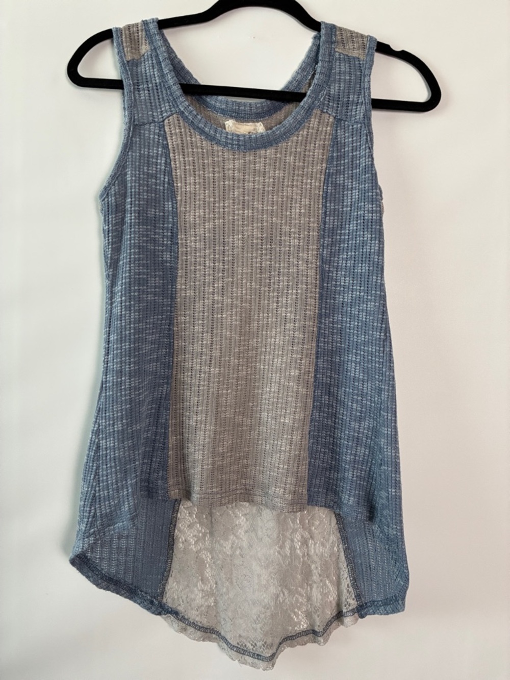 A'Reve Blue and Gray Ribbed Open Knit Lace-Back Bohemian Tank Top